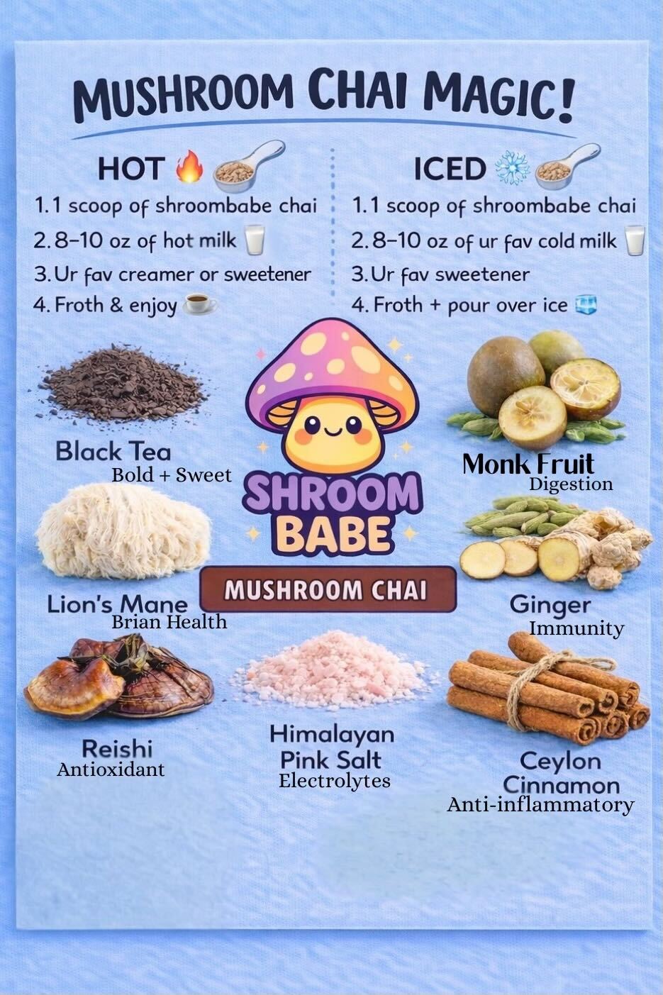 Visual of mushroom chai magic, includes logo and graphics of black tea, monk fruit for digestion, lion's mane, ginger, reishi, chaga, ceylon cinnamon, and himalayan salt