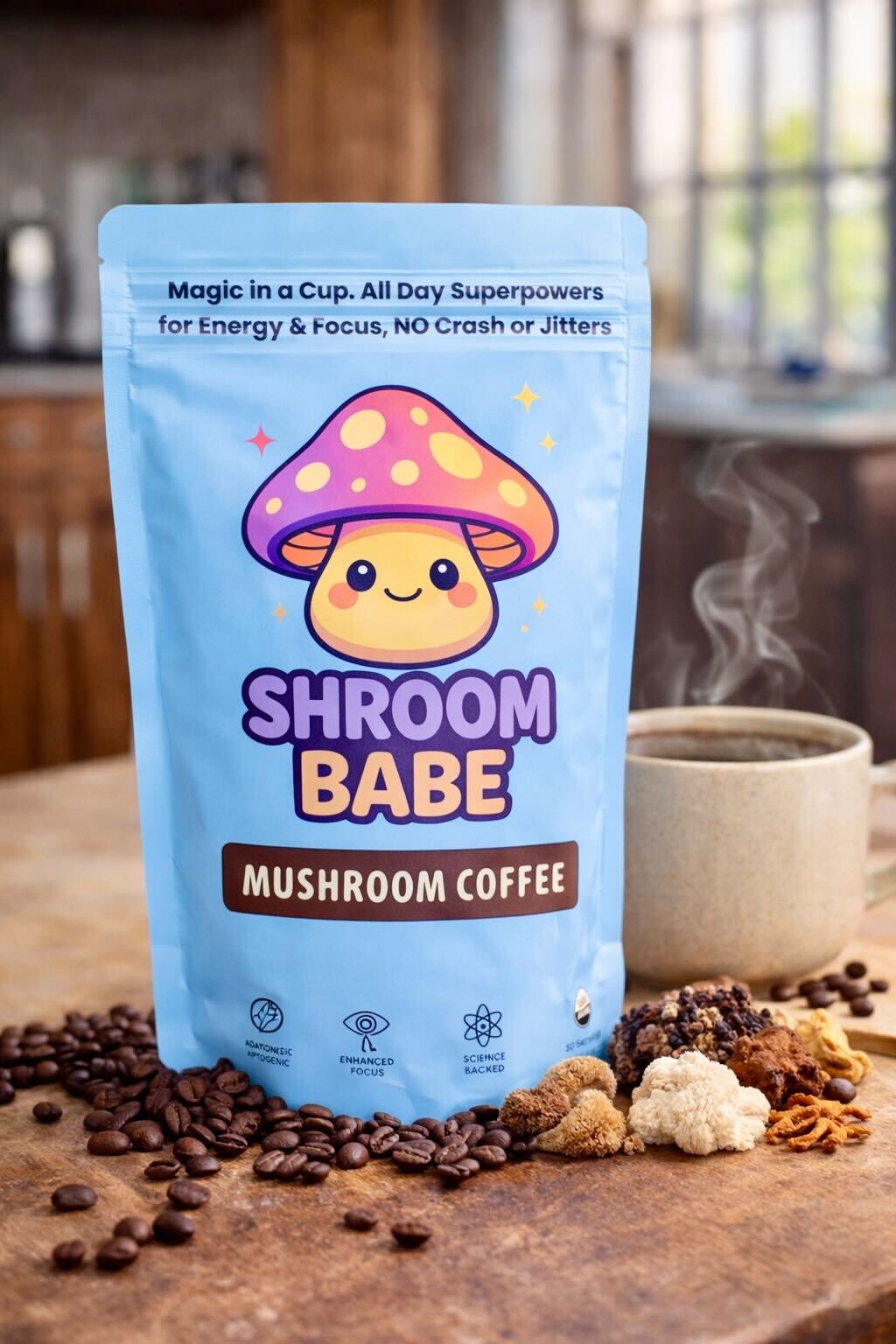ShroomBabe organic mushroom coffee tin on a marble kitchen counter.