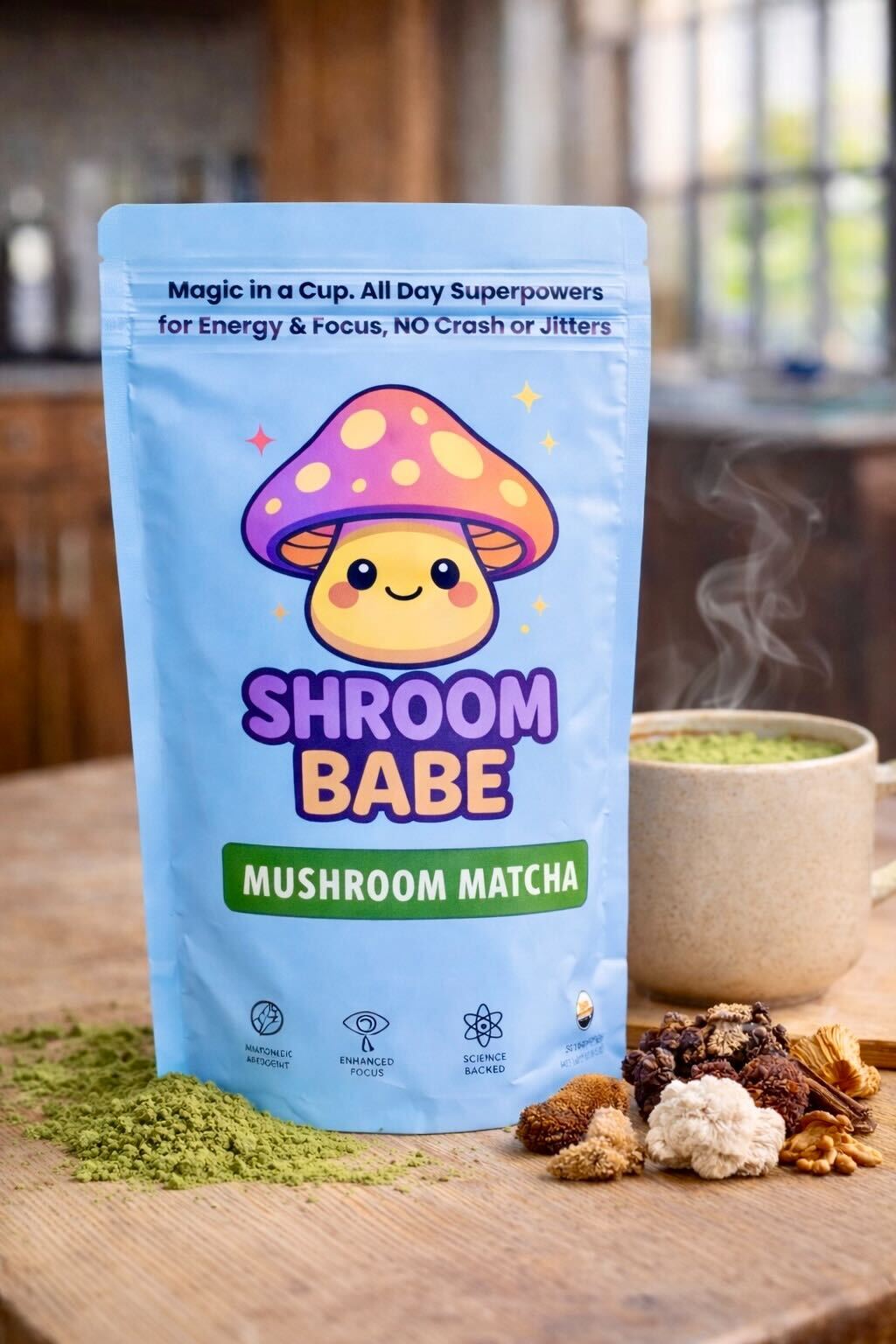 Vibrant green ShroomBabe mushroom matcha whisked in a glass cup.